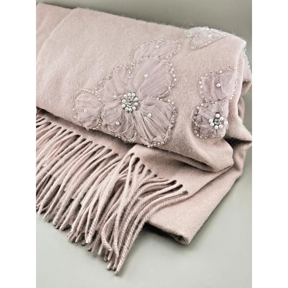 New JOIE Scarf Wrap 100% Wool Blush Pink Beaded Floral Sequin Fringe Soft Winter